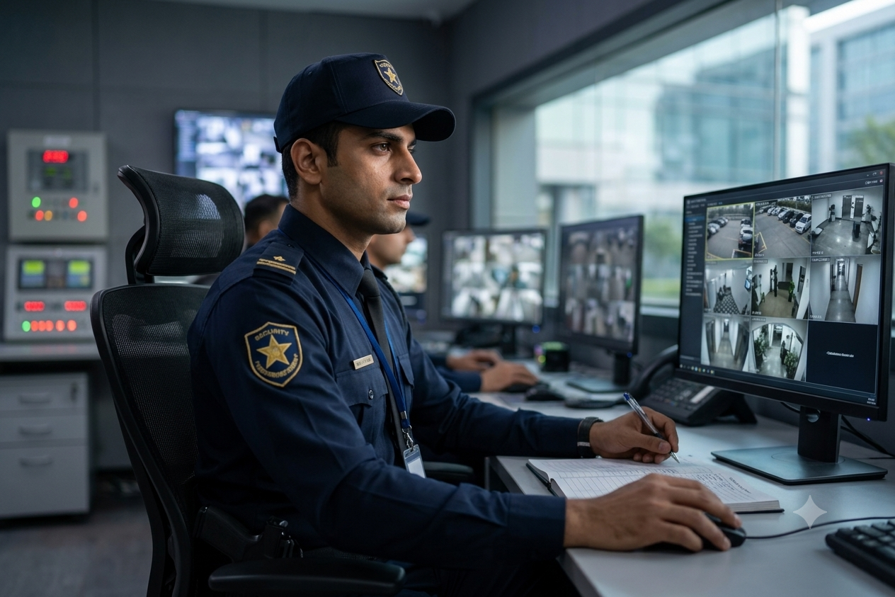 Security professional observing screens