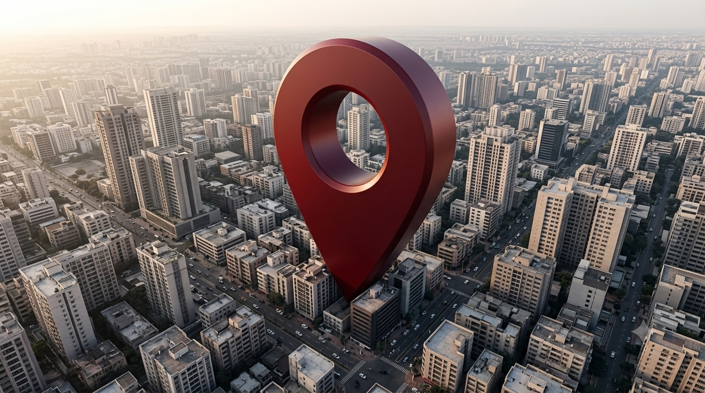 3D location pin rising above a dense city
